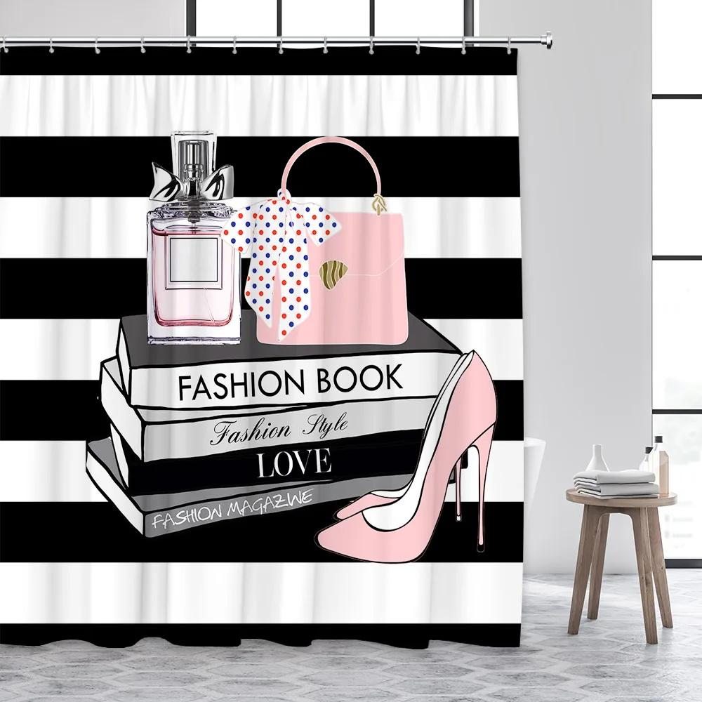 Pink Perfume High Heel Shower Curtain Set Black White Stripes Fashion Girl Woman Bathroom Decor Polyester Bathtub Curtains Hooks