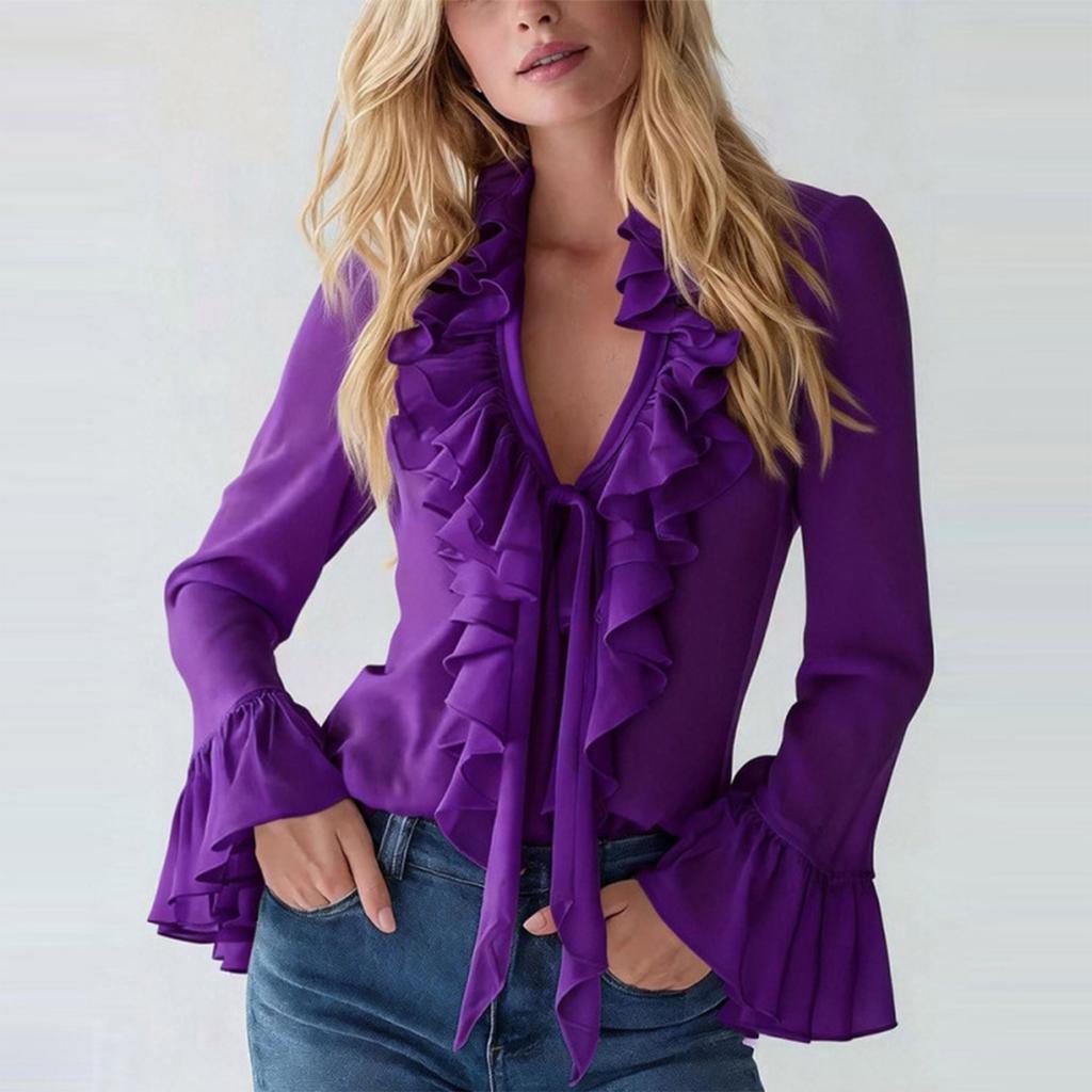 Ladies' Casual And Elegant Ruffle Edge  V-neck Bubble Sleeve Shirt