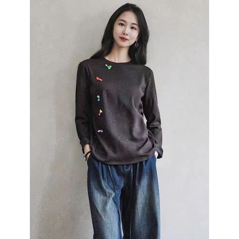 

Three-Dimensional Color Buckle! Strong Sense Glossy Silk round Neck Long Sleeves Ins Women s Flash T-shirt Fall and Winter Bandage Dress Tops Black L