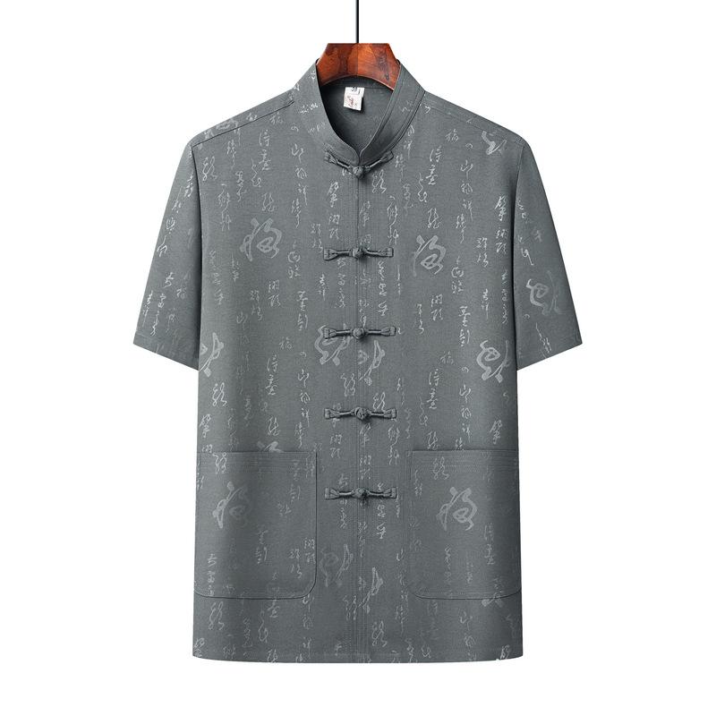 Chinese Style Casual Tops, Small Shirts, Middle-aged and Elderly Short-sleeved Button-down Shirts and Trousers Two-piece Set