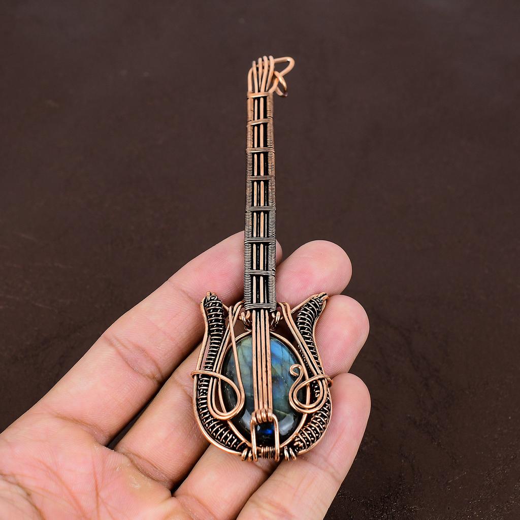 Labradorite Handmade Copper Wire Wrap Guitar Pendant 4.53" V3U44