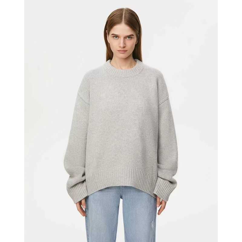 

European and American New Knitted Autumn and Winter Loose Round neck sweater Knited Loose round Neck Sweater Light gray M