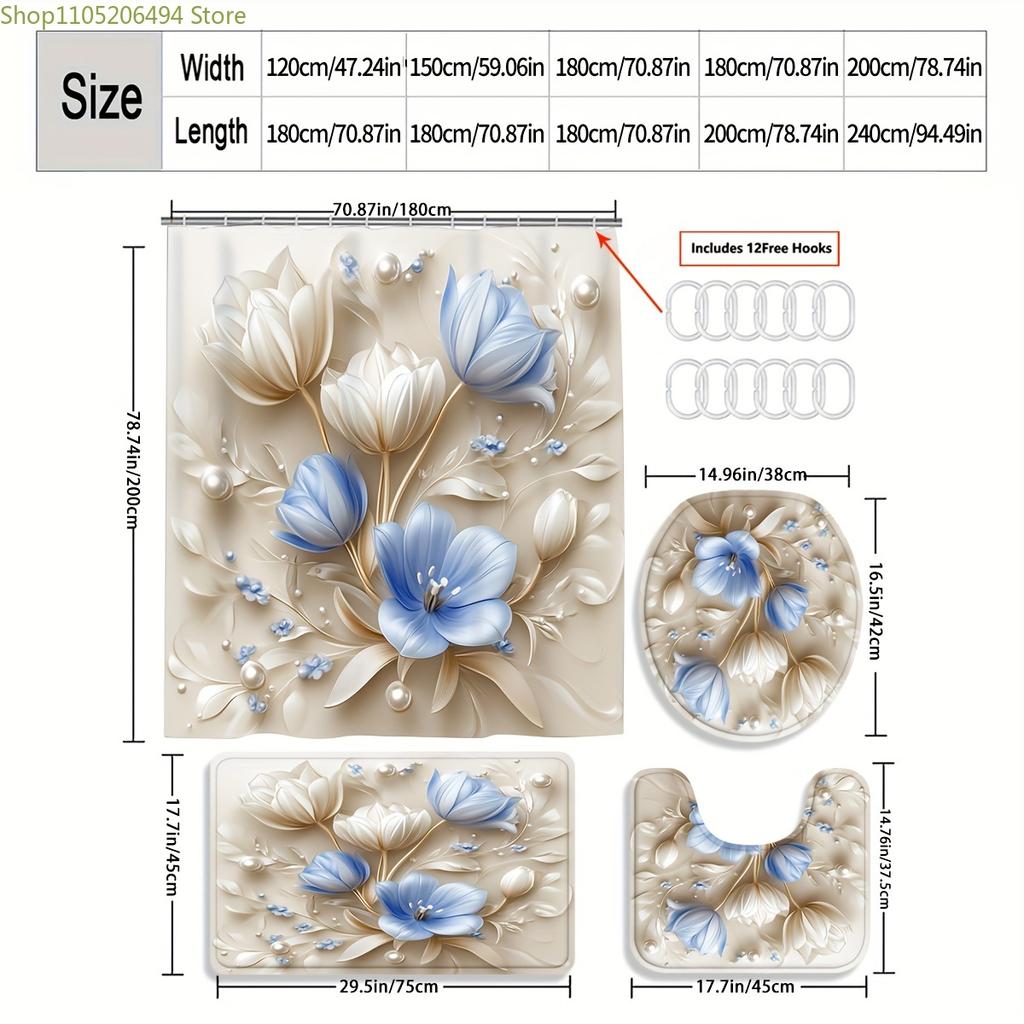 1/3/4pcs Blue Tulip Shower Curtain Bath Set with Bath Mat, U-Shaped Mat & Toilet Lid Cover - Elegant Botanical Bathroom Decor,