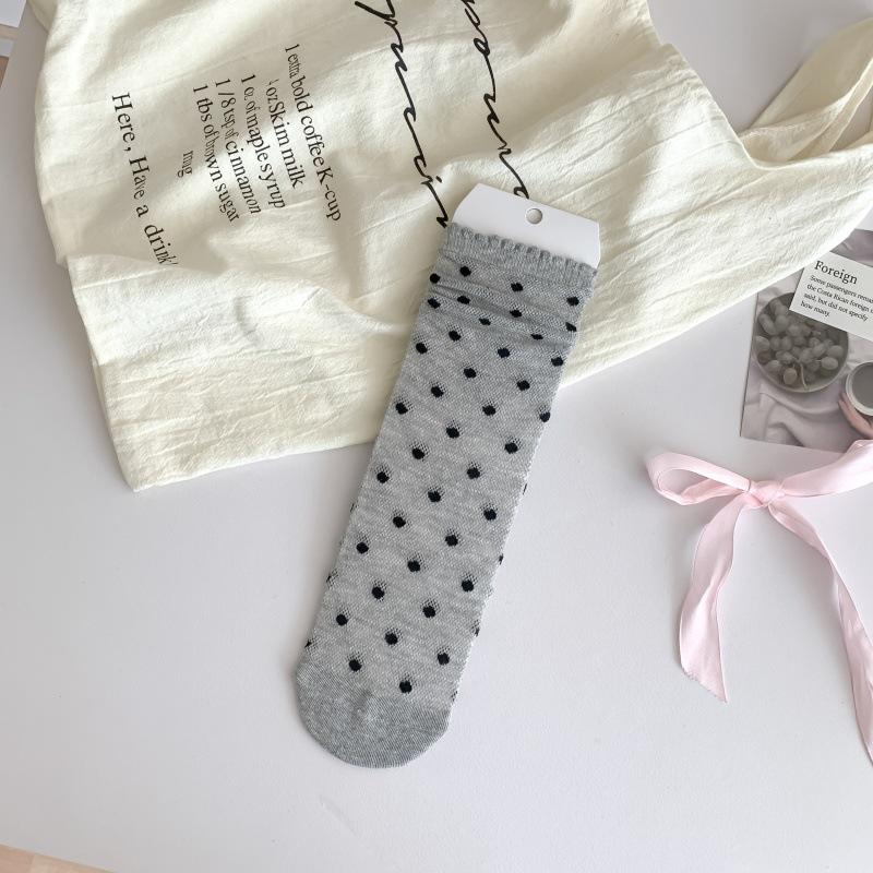 Female Spring and Summer Thin Style Bow Lace Polka Dot Preppy Style All Build Mesh Tube Stack Socks