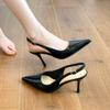 Oily leather high heels, rear empty stiletto, pointed head, shallow mouth, one word with half-drag sandals.