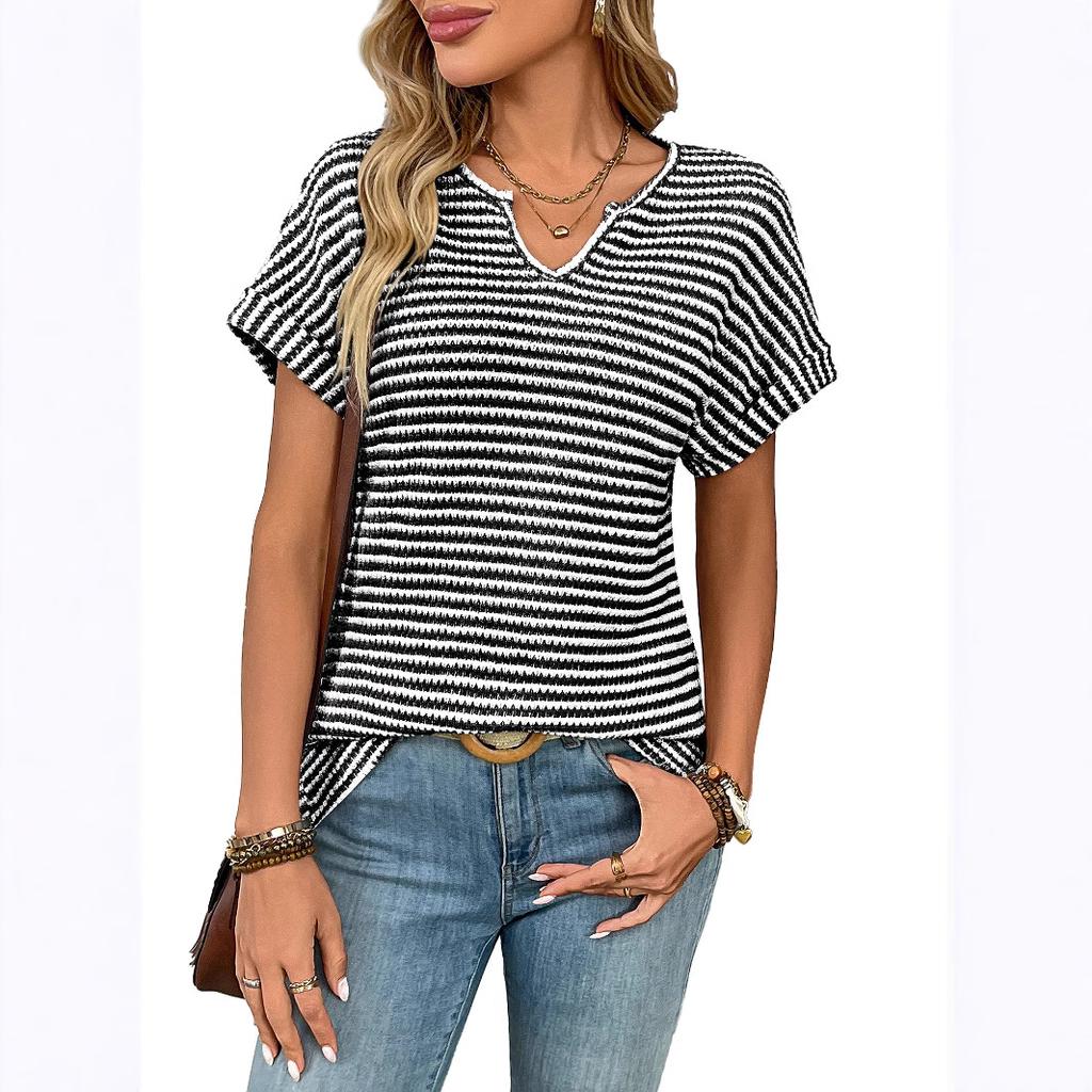 European and American Summer New Women's Clothing V-neck Short-sleeved Loose Striped Casual Pullover T-shirt