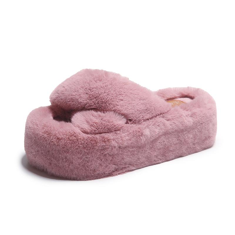 7Cm cross hairy slippers women's 2025 autumn and winter new thick-bottomed warm word lazy thickened cotton slippers women