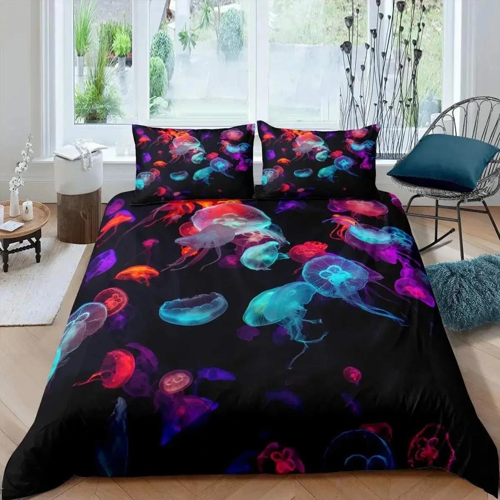 Teal Warm Comforter Cover Set King-Sized Dimensionsd Dimensions Ocean Decor,Jelyfish Soft Duvet Cover Nautical Sea Beding Set Marine Life Retro