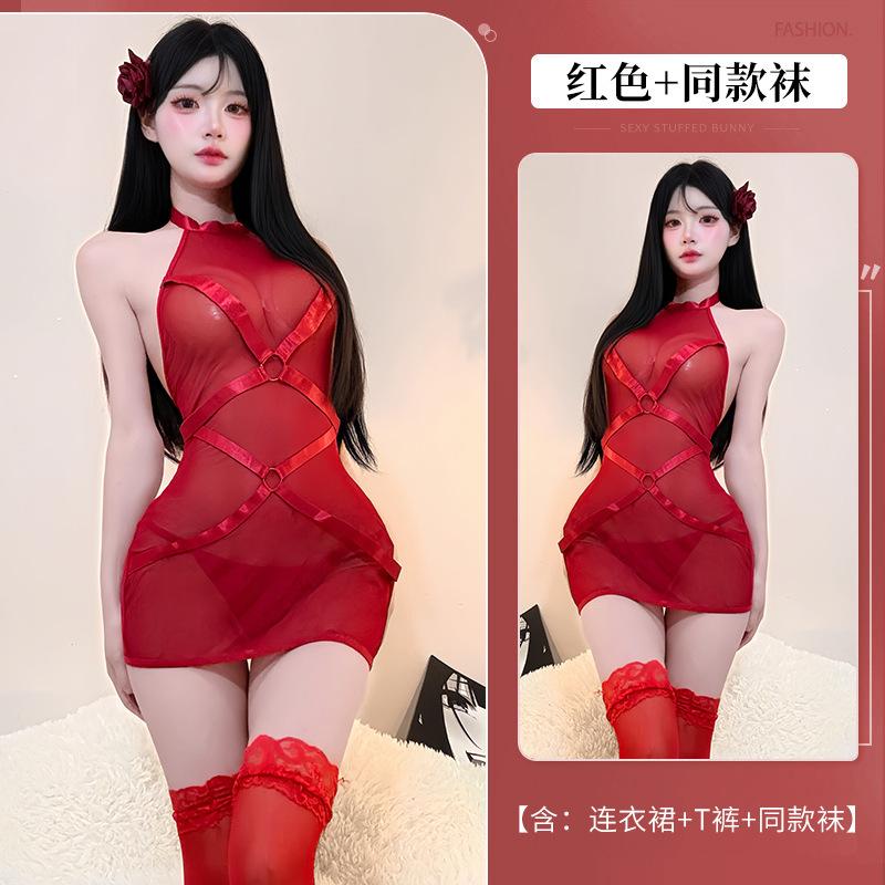 Sexy Hot Girl Mesh Patchwork One-Piece Tie Sleepwear See-Through Hip-Revealing Uniform Nightdress Dress Elegant Fashion AOF9