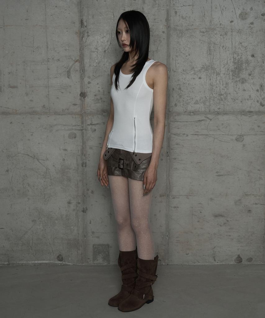 Etosome Front Zipper Belt Leather Skirt Pants (Moca)