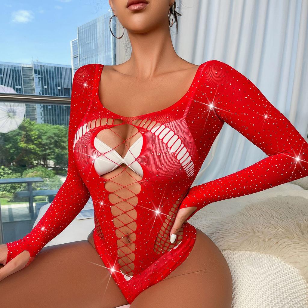 Sexy spodní prádlo štrasové lesklé dlouhé rukávy síťované oblečení Bodystocking Spodní prádlo