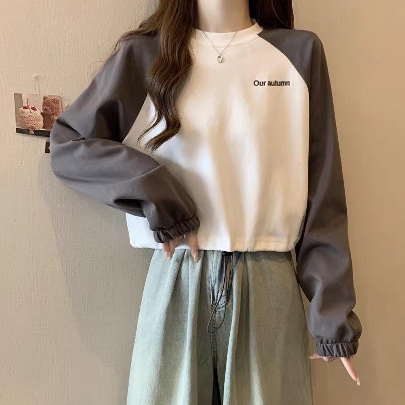 Amerikanisches Retro Raboss Ärmel Sweatshirt Damen Herbst Winter Neu Locker Kontrast Kordelzug Kurzes Oberteil