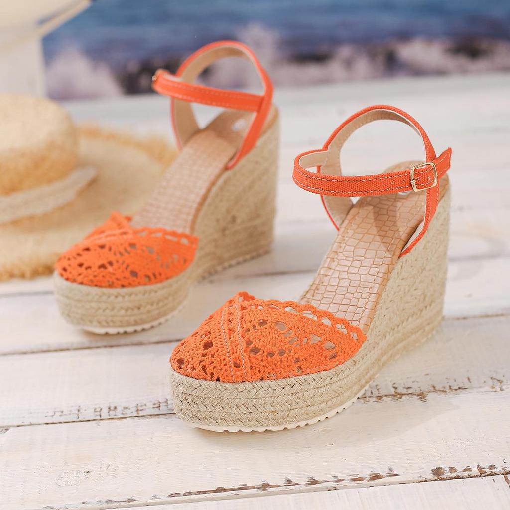Women's Closed-Toe Wedge Sandals - Thick Sole, Waterproof Platform, Espadrille Style with Hemp Rope and Single Strap.