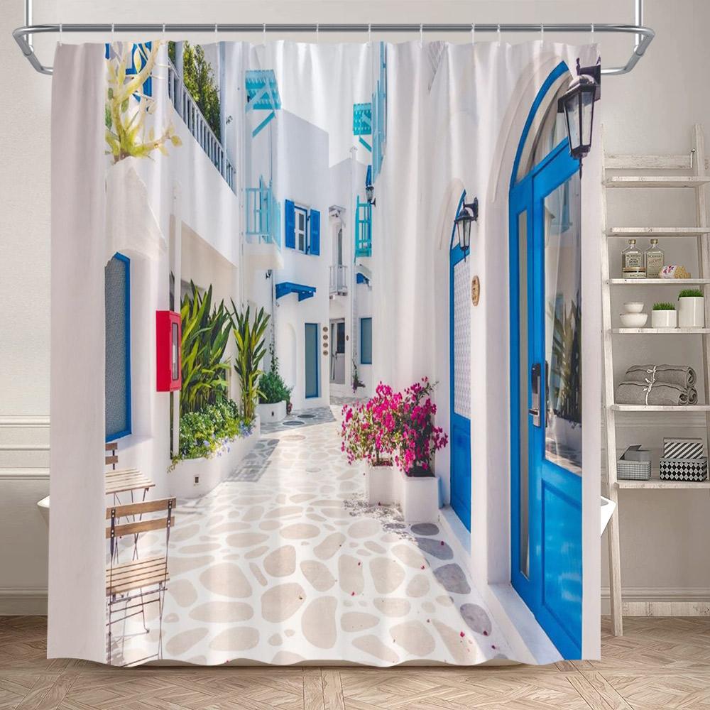 Seaside Townscape Shower Curtain Mediterranean Blue White Architectural Natural Flowers Ocean Polyester Bathroom Curtains Decor