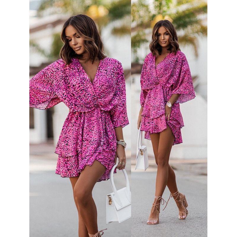 

Summer New Arrival Fashion European and American Style Street V-neck Half Sleeves Elegant New Arrival Amazon Wave Sleeve Dress Female Fashion Pink M