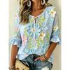 Women's Ditsy Daisy Floral Print Tie Neck Blouse, Ruffle Half Sleeve Light