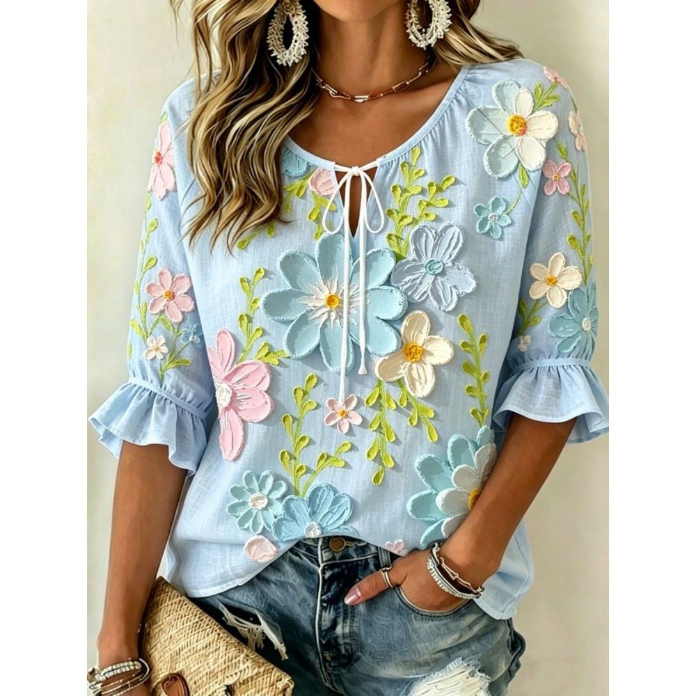 Women's Ditsy Daisy Floral Print Tie Neck Blouse, Ruffle Half Sleeve Light