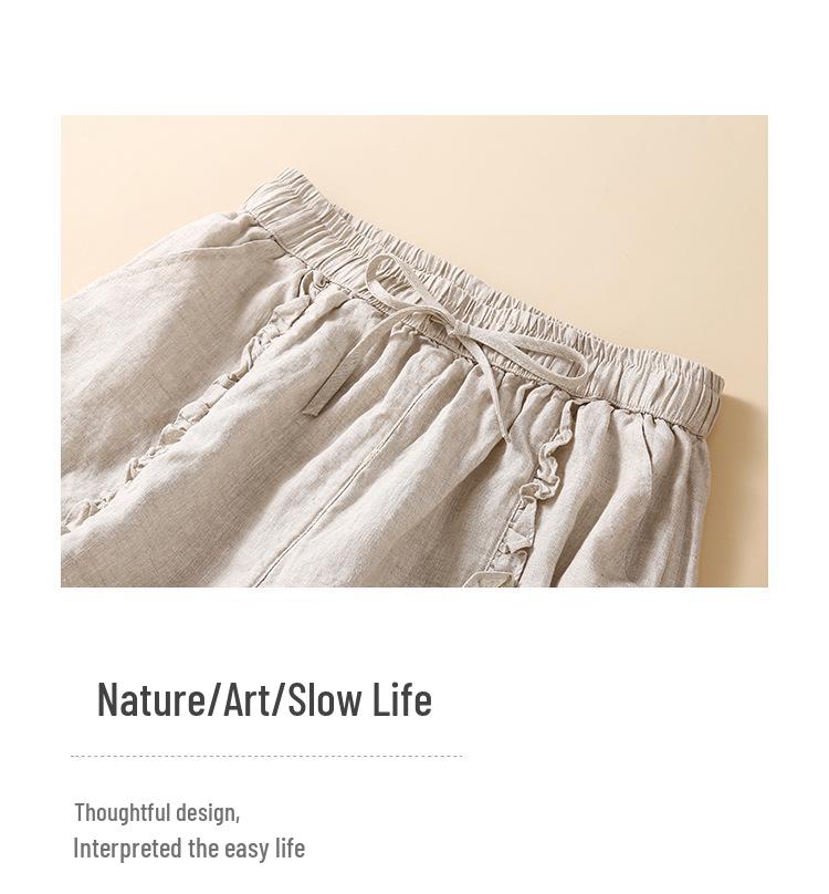 Women's Summer 2024 Retro Cotton Linen Ruffle Wide-Leg Shorts - Casual, Loose Mid-Length.