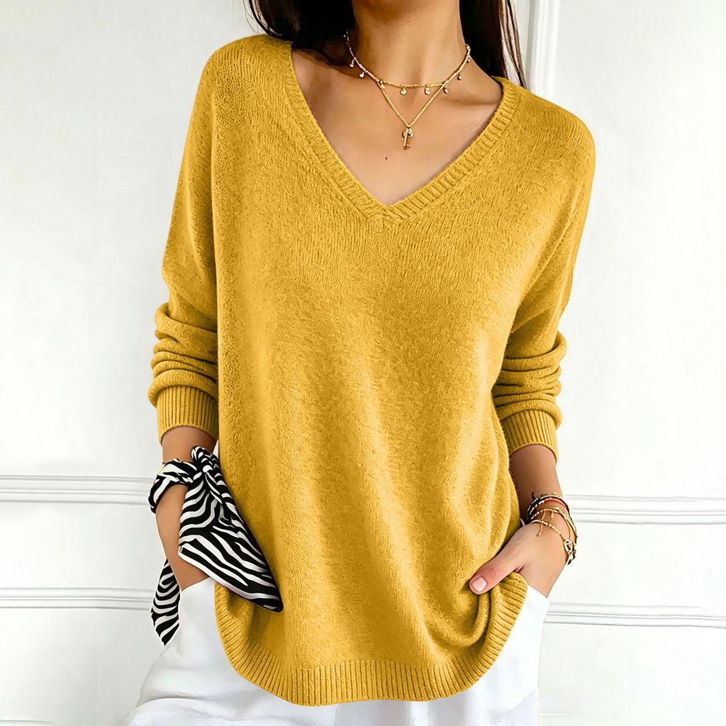 Women's Color V-Neck Long Sleeve Knit Sweater Casual Basic Lightweight Top for Daily Wear