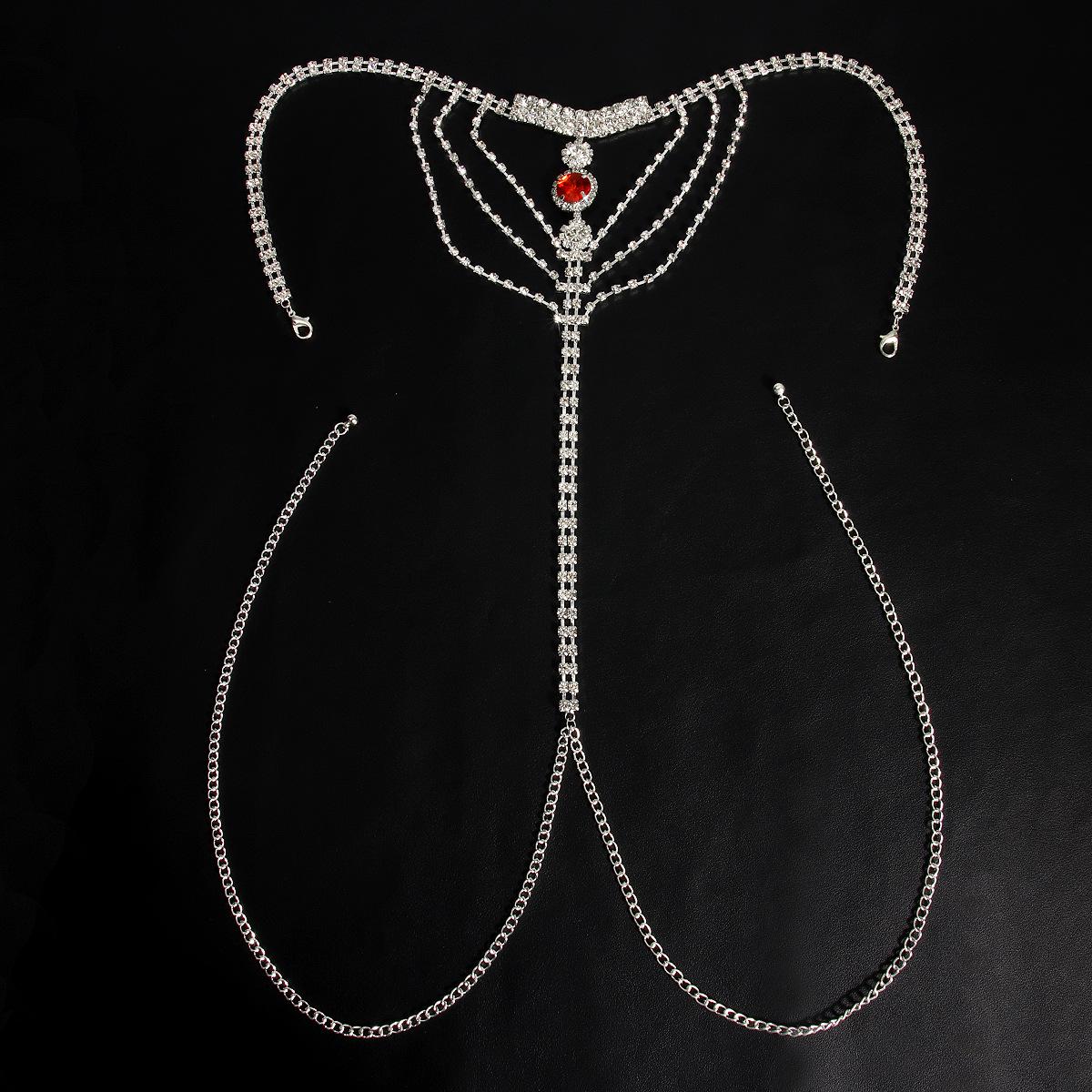 

Европейский и американский сексуальный набор бикини со стразами с рубиновыми акцентами: Украшения-цепочки для тела для женщин для ночного клуба