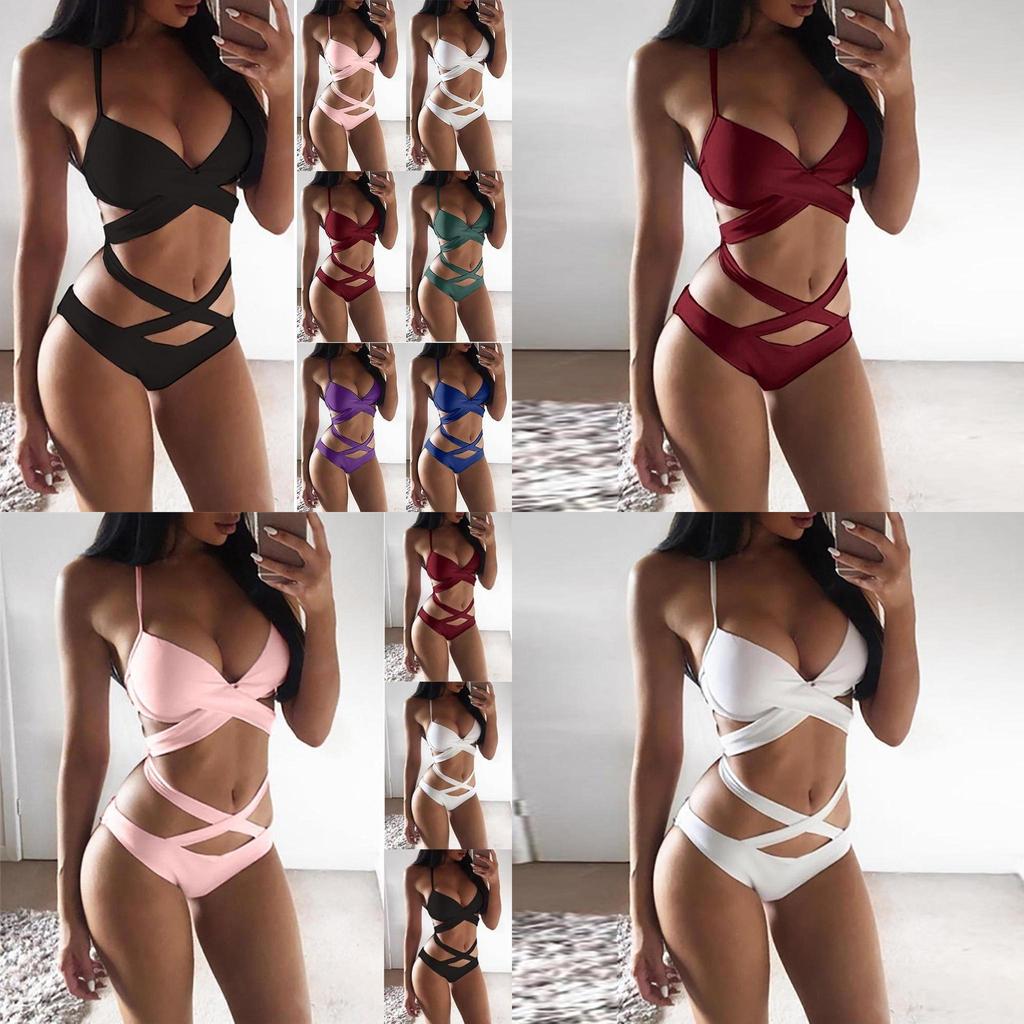 Premium Quality Five Colors Summer Sexy Women Bandage Cross Push-up Bikini Set Bathing Suit