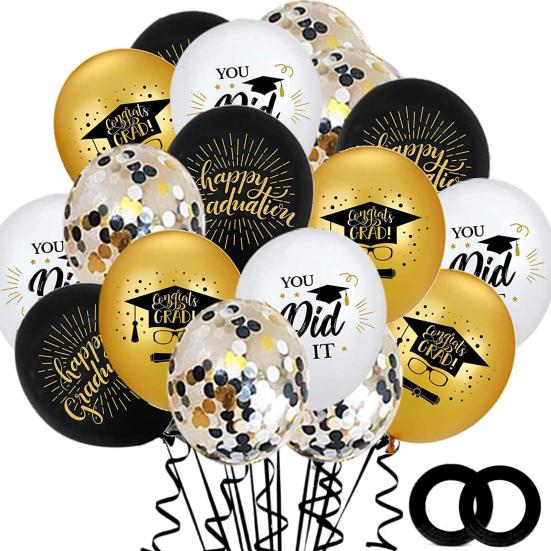 40 Pcs 2025 Graduation Balloons 12 Inch Black Gold Congrats Grad Balloons with Ribbons for Class of 2025 Grad Party Decoration