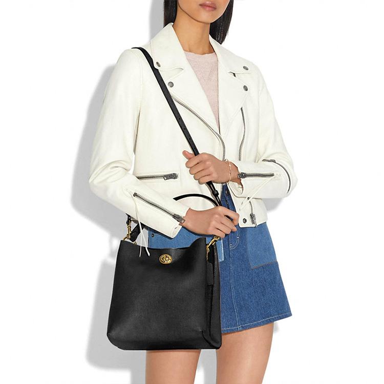 New COACH Charlie Leather Bucket Bag, Shoulder Bag, Crossbody Bag, Handbag Medium Size Women's Black 55200-GDBLK