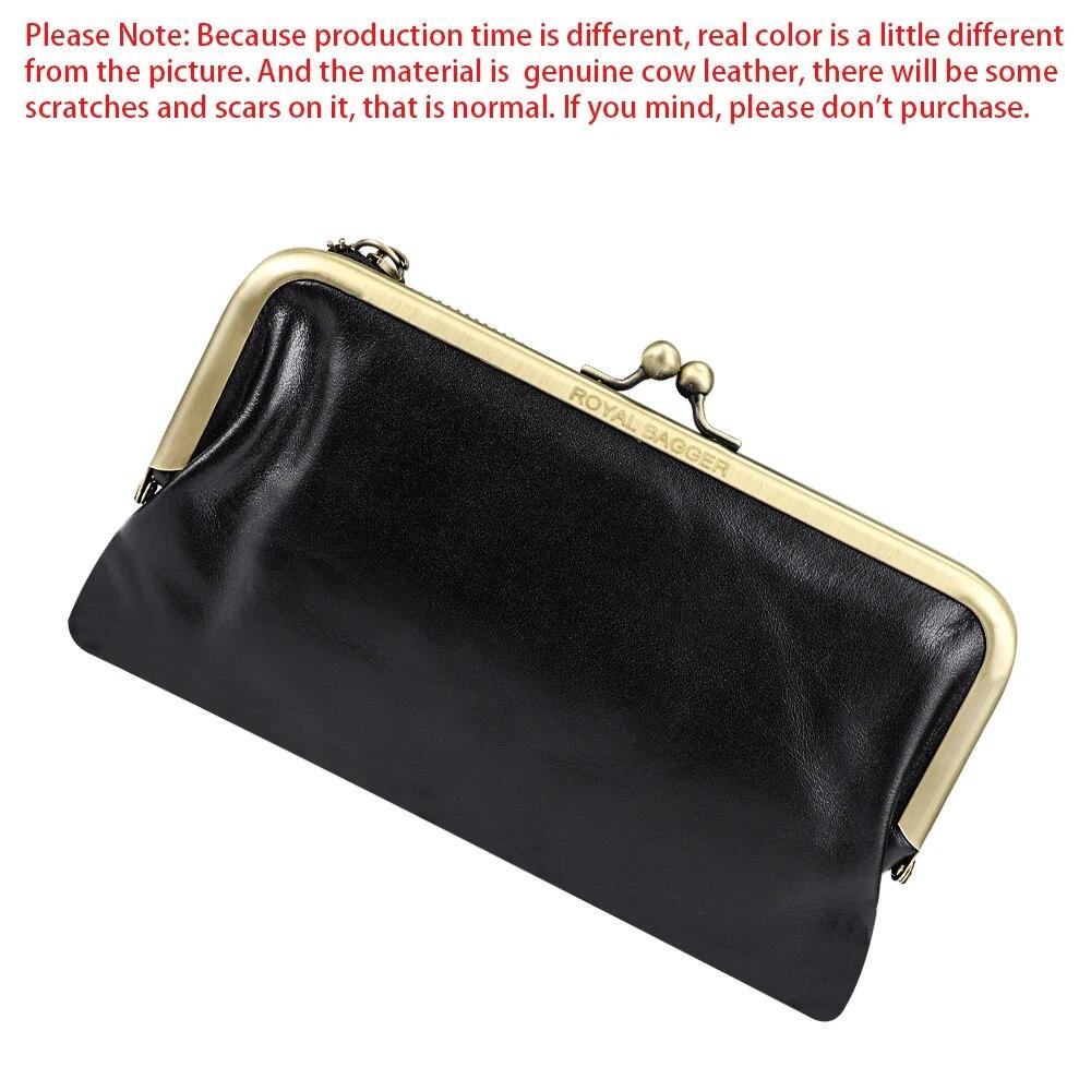 Royal Bagger Retro Long Wallet for Women Genuine Cow Leather Clutch Coin Purse Large Capacity Card Holder with Kiss Lock 1497