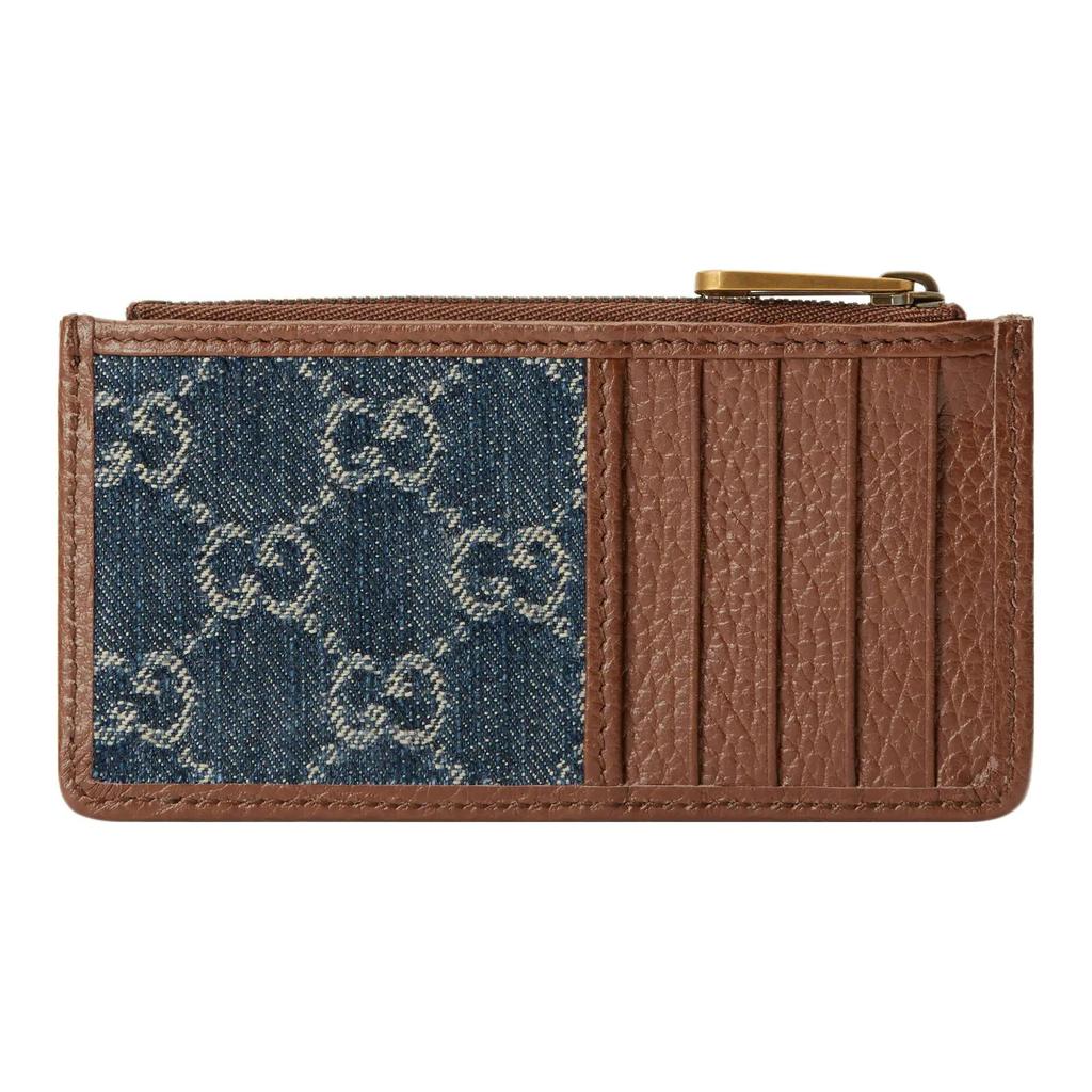Gucci Logo GG Monogram Denim And Leather Zip Card Holder Women Card Holders Blue Brown 697717-2KQGT-8375
