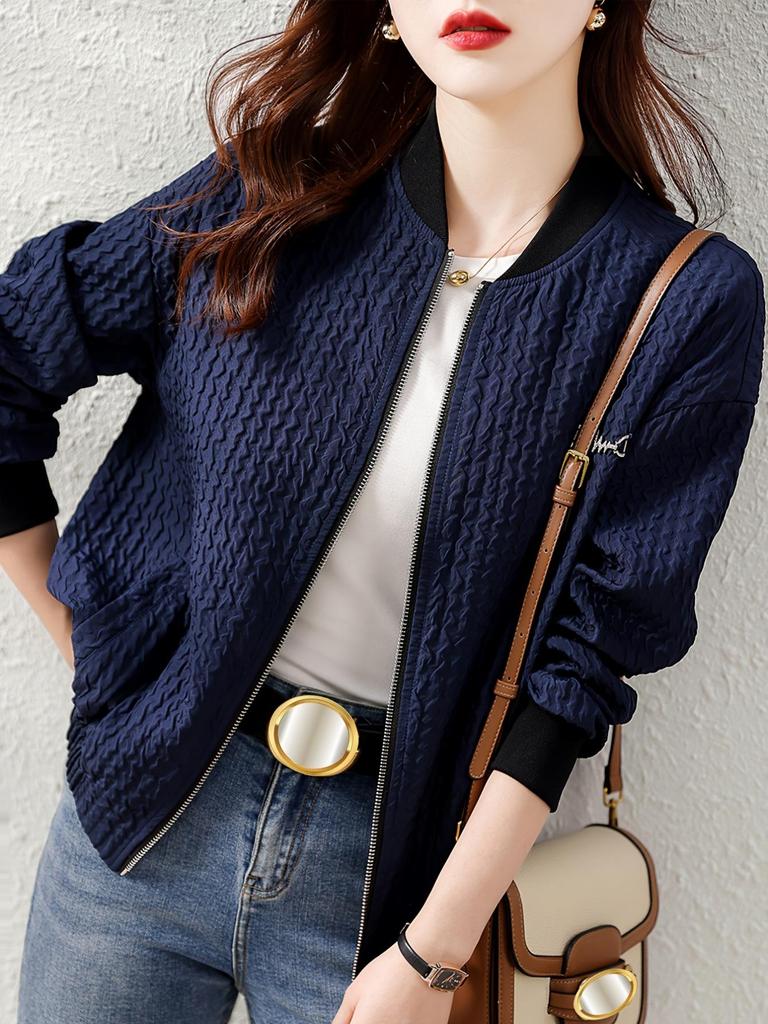 Navy Blue Textured Women's Baseball Jacket - Korean Style, Spring 2025, Casual, Age-Reducing, Short