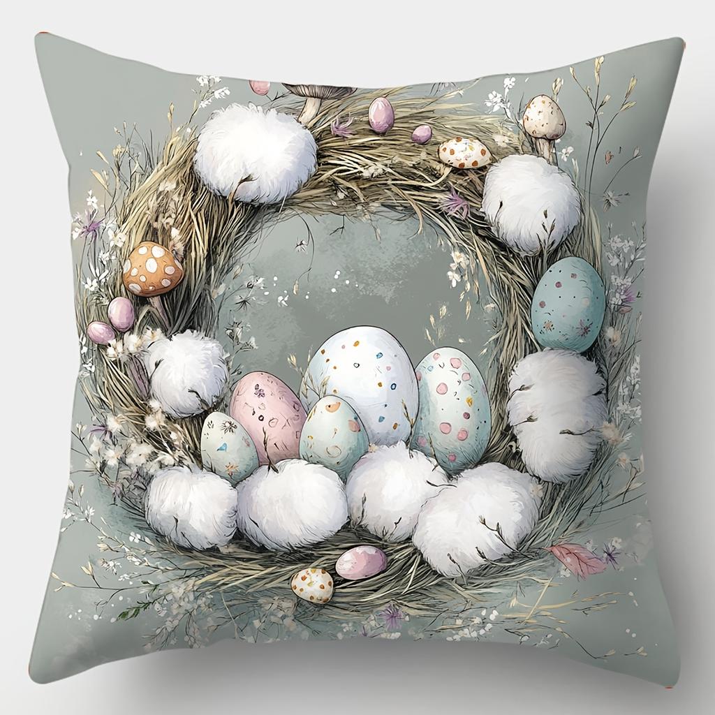 Easter Theme Bunny Cushion Covers Square White Rabbit Brown Rabbit Embracing Easter Egg Printed Pillowcase Sofa Bedroom Decor