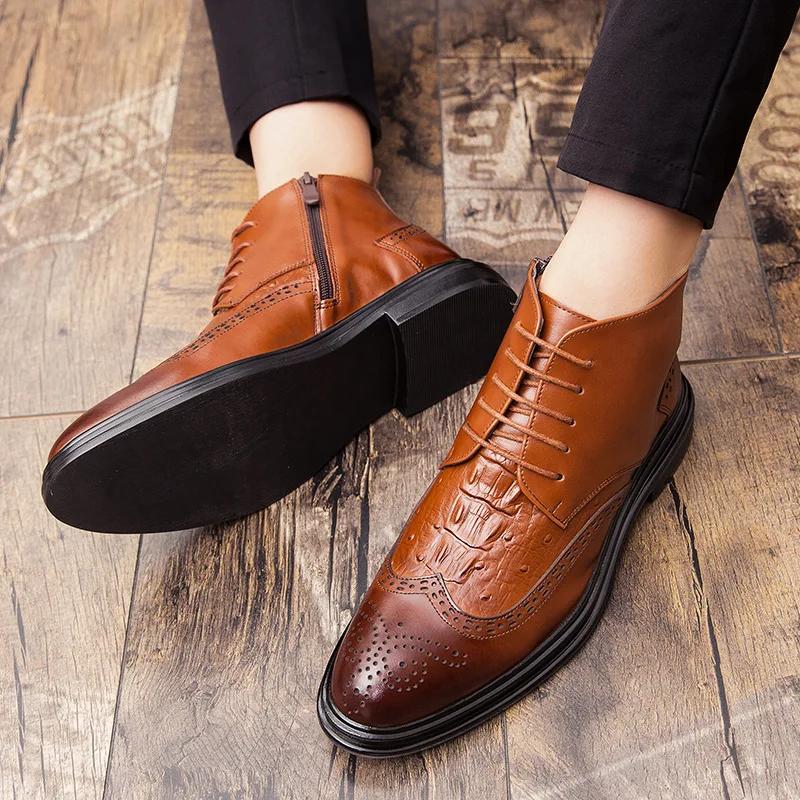 Business Chelsea Boots Mens Winter Ankle Boots Men Leather Zipper Side Thick Artificial Fur Snow Boots Men Winter Dress Shoes