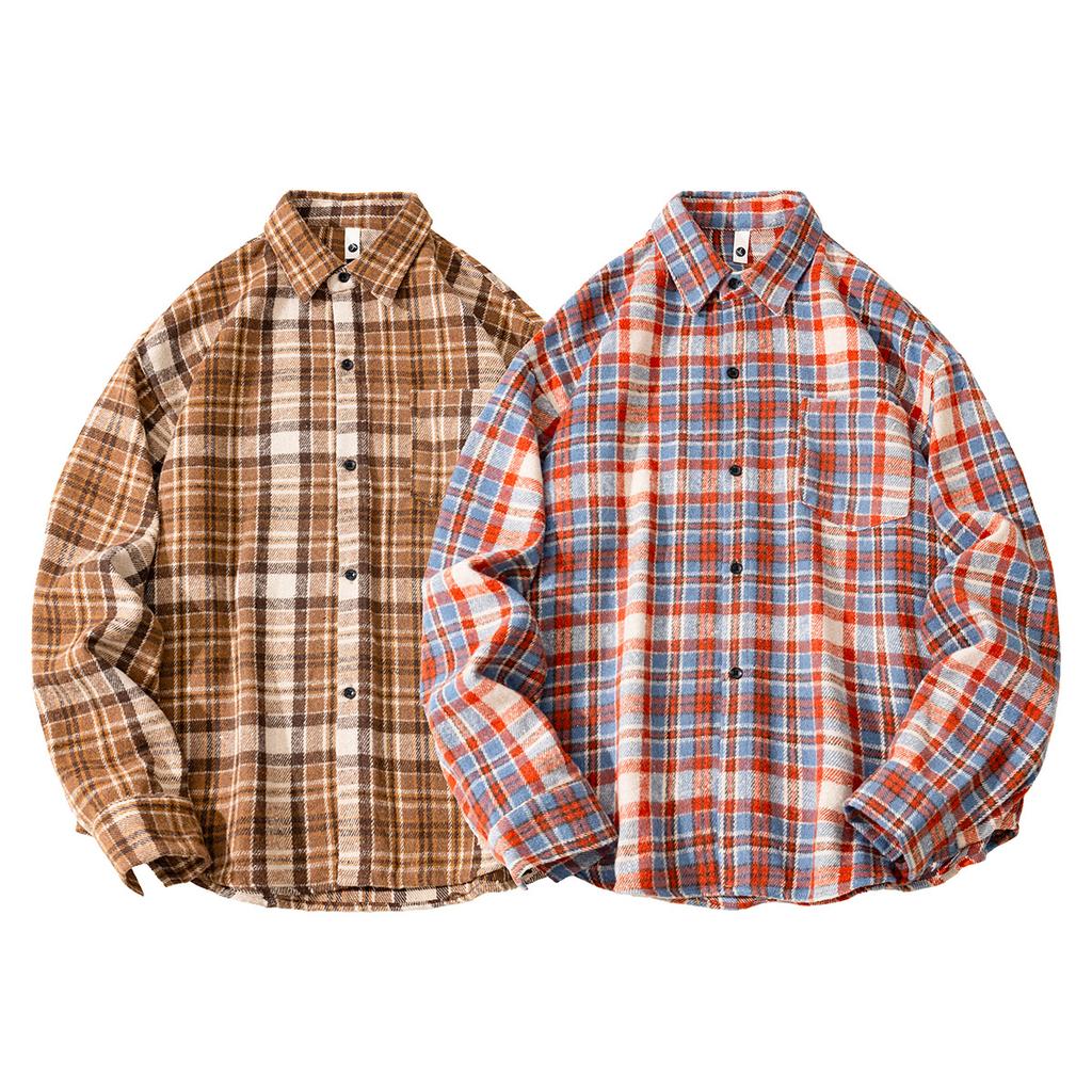 Autumn Men'S Abraded Thickened Plaid Long Sleeve Shirt Men'S Casual Shirt Jacket