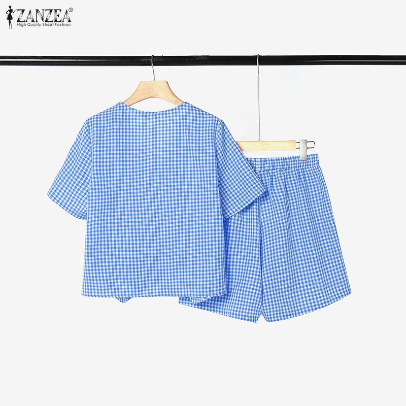 ZANZEA Damen Kurzarmbluse und Shorts Sommer Karomuster Zweiteilige Sets
