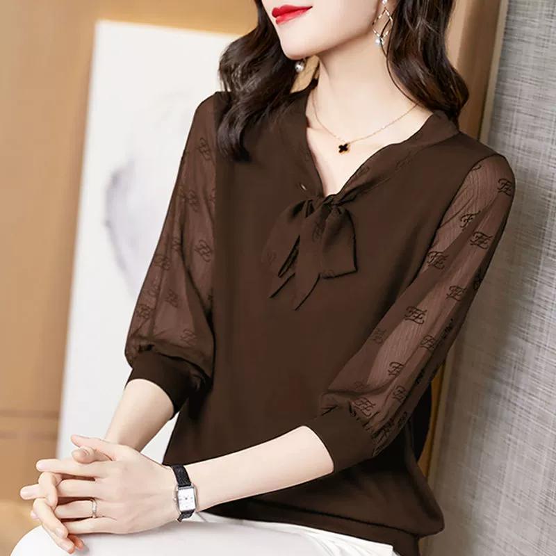 Dámské halenky s výstřihem do V a polovičním rukávem, košile jednobarevná, jarní letní, na knoflíky, s potiskem písmen, s mašlí, volná, stylová, nadměrná velikost, topy