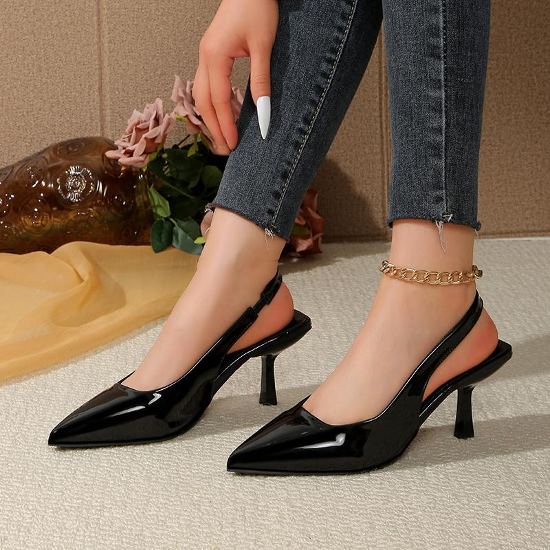 Fashion Sexy Pointed Toe Sling Back Pumps Women 2025 Summer Patent Leather Thin High Heels Shoes Woman Classic Solid Black Office Shoes