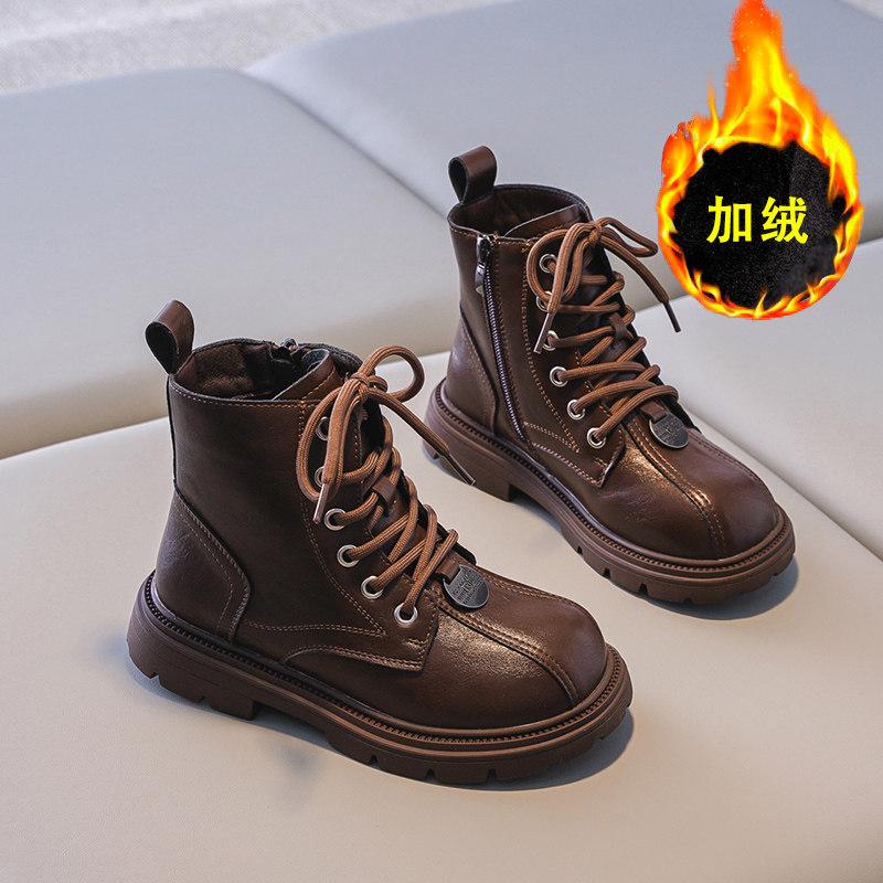 Girls Martin boots new autumn and winter princess leather boots velvet short boots medium and older children two cotton single boots British style