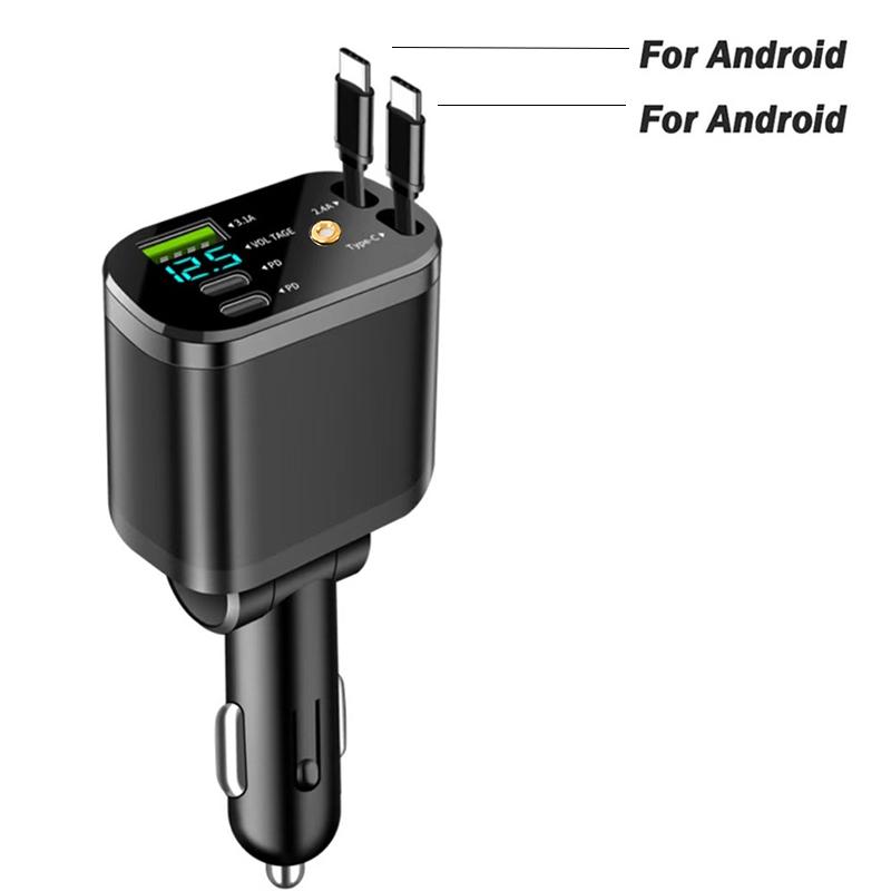 Retractable Car Charger 5 In 1 Fast Charging with with USB C Lightning Cable Roof Starlight Car Charger Adapter Compatible