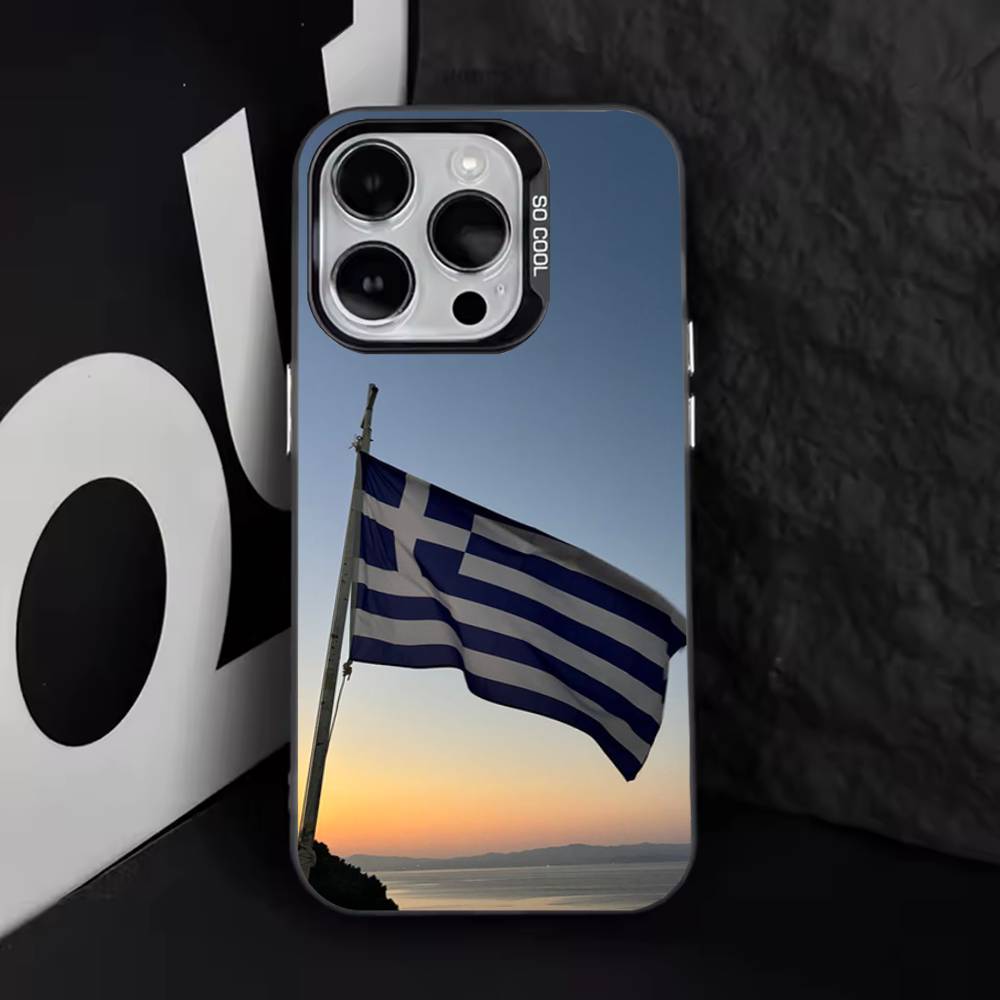Custodia per Telefono con Mappa Bandiera Greca Grecia Per iPhone 11,12,13,14,15,16,17,Pro,Max,Plus,E,Air,Mini IMD Nero Opaco