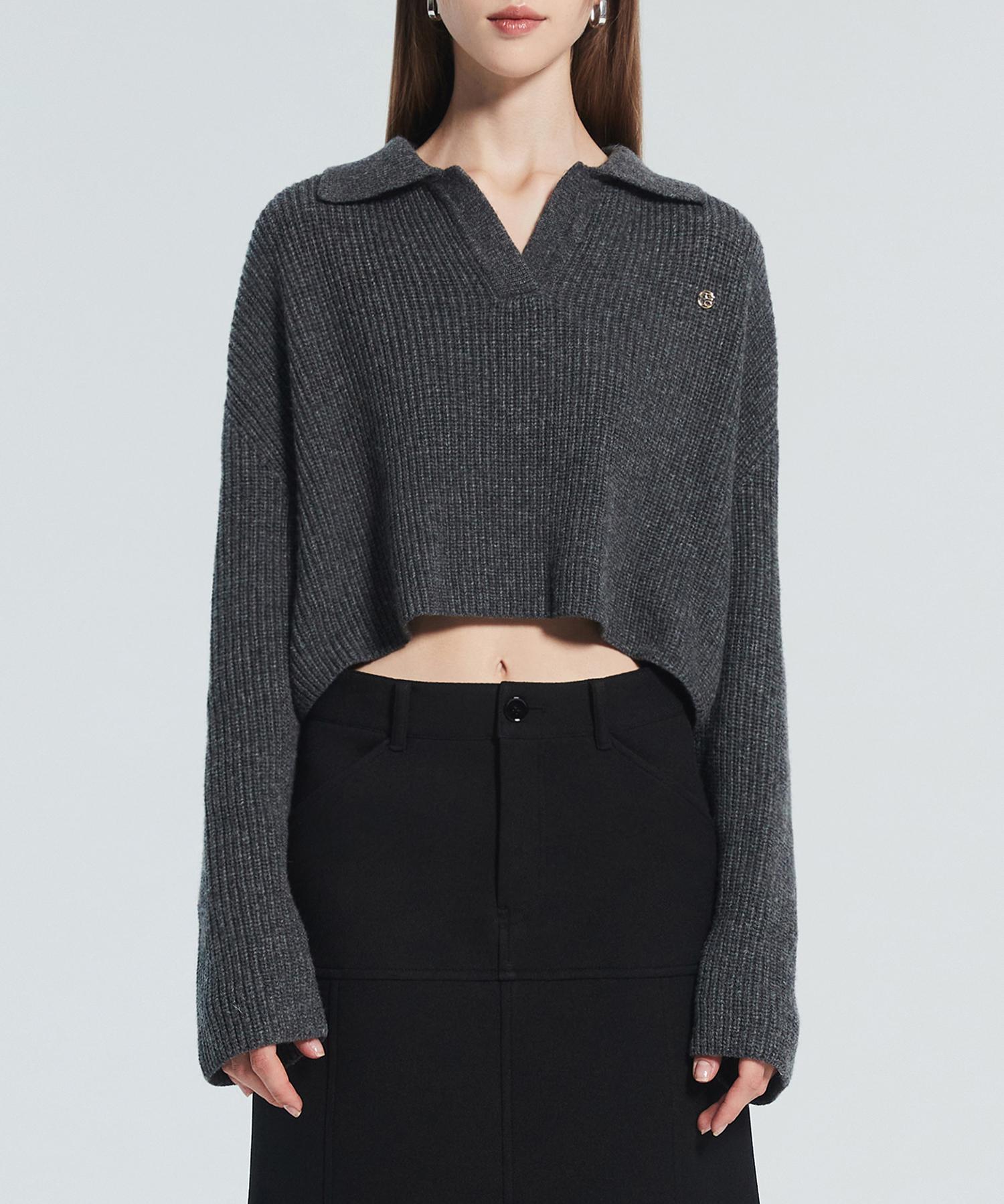 Lacleir Ra Logo Collar Crop Knit [Charcoal] Free