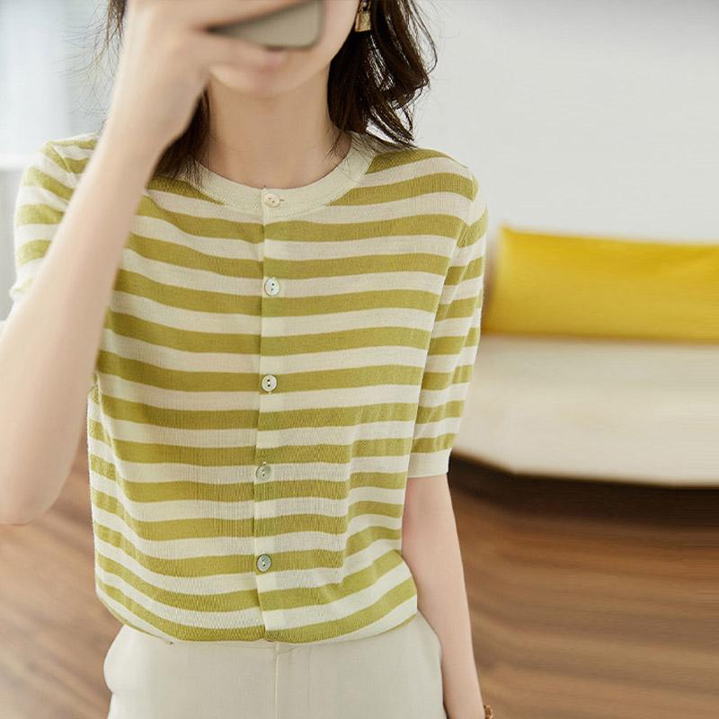 

Женские свитера, кардиганы, лето 2025, короткий рукав, О-образный вырез, черный полосатый вязаный свитер, женские топы, кардиган JJ321 One Size зелёный