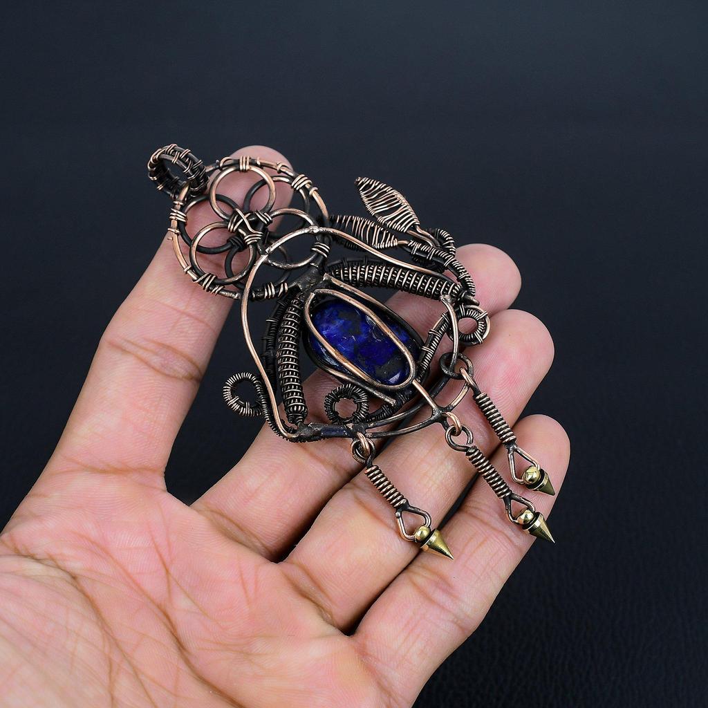Blue Sapphire Pendant, Handmade Gemstone Pendant, 999 Copper Wire Wrapped Pendant Antique Jewelry, For Engagement Gift
