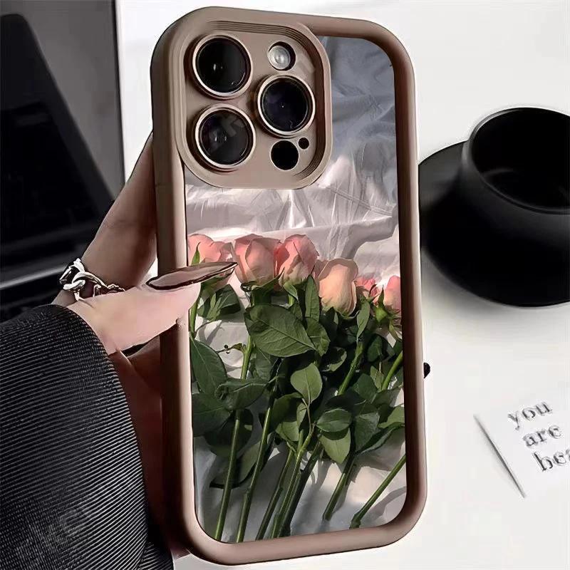 Oil Painting White Rose Flower Silicone Phone Case For iPhone 15 14 13 12 11 Pro Max XS X XR 7 8 Plus Shockproof Soft Cover