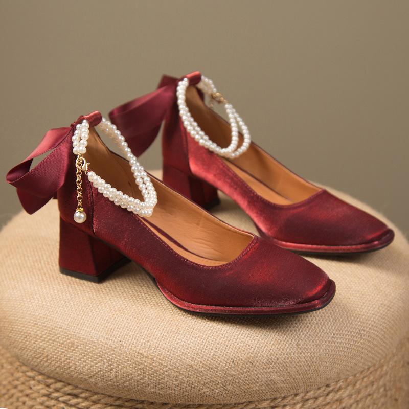 Block Heel Red High Heels Wedding Shoes Women s Spring Mary Jane Women s Shoes Square Toe Single Shoes 34 бордовый