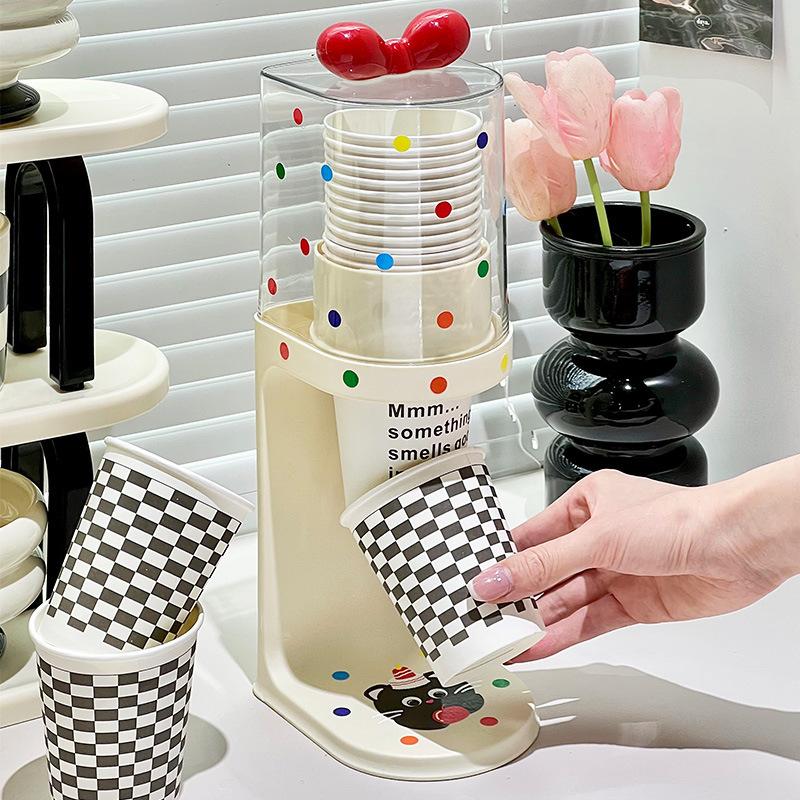 Bow Water Cup Dispenser, Water Dispenser Disposable Cup Holder Rack Flat Bottom Cups, Pull Type Paper Water Cup Dispenser