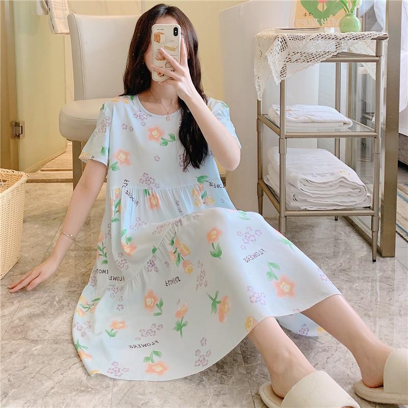 Cotton and Silk Nightgown Women's Summer Short-sleeved Large-size High-end Printed Maternity Pajamas Can Be Worn Outside Long Loungewear