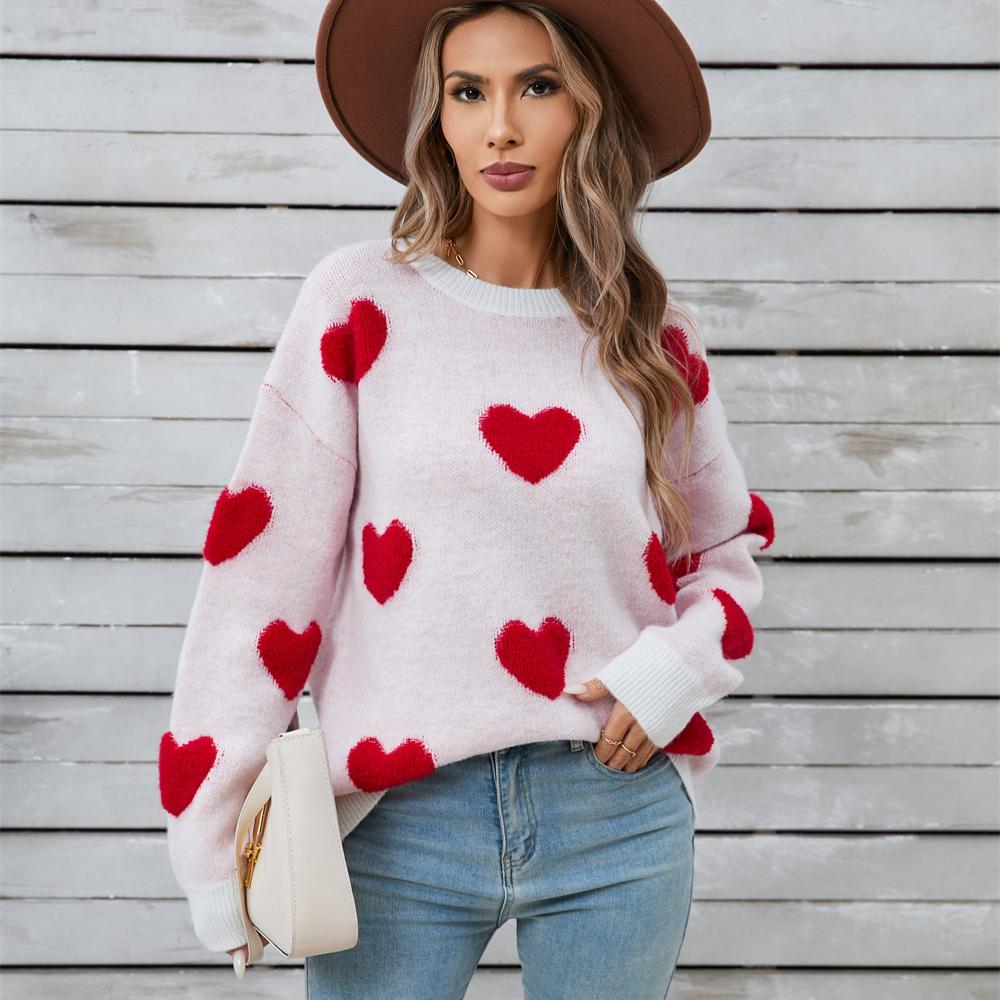 Winter Women's Sweater Love Valentine's Day Pullover Large Peach Heart Color Clash Sweater