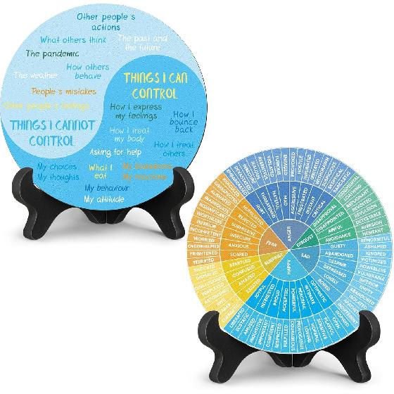 2 Pcs Feelings Wheel Therapy Office Desk Decor Things I Can Control Double Sided Mental Health Emotions Chart with Stand Therapist Gifts Psychology