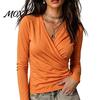 Skin Friendly Workwear Cross V-Neck Long Sleeve Top for Women, Slim Fit Sexy Relaxed Travel Clothing Pleated Shirt, Fall Solid Color Casual