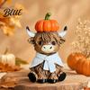 Halloween Tischdekorationen Niedliche sitzende Hochlandkuh Kürbisfigur Harzstatue Ornament Innen Außen Dekorative Akzente für die Herbsternte